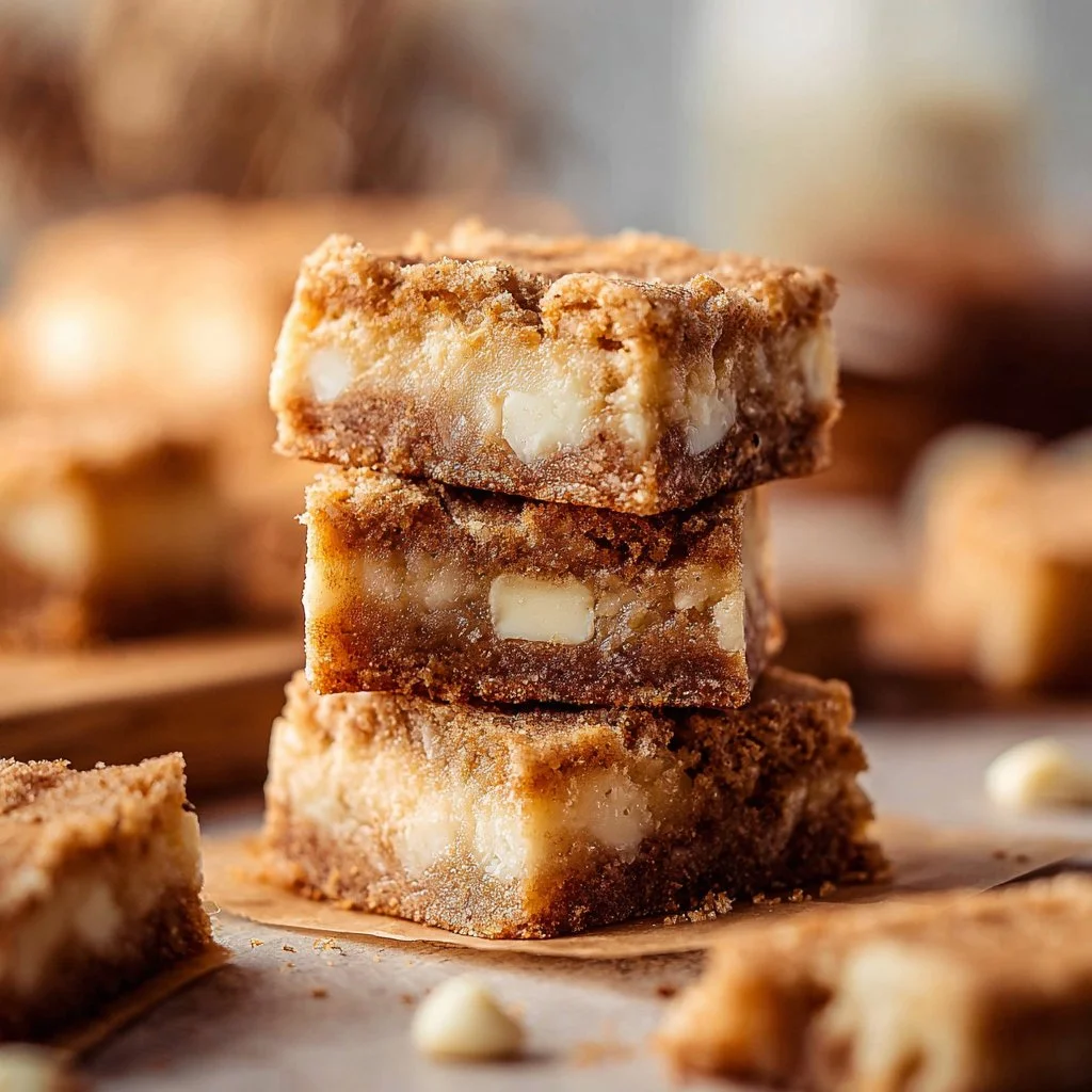 Delicious Snickerdoodle Blondies topped with cinnamon sugar