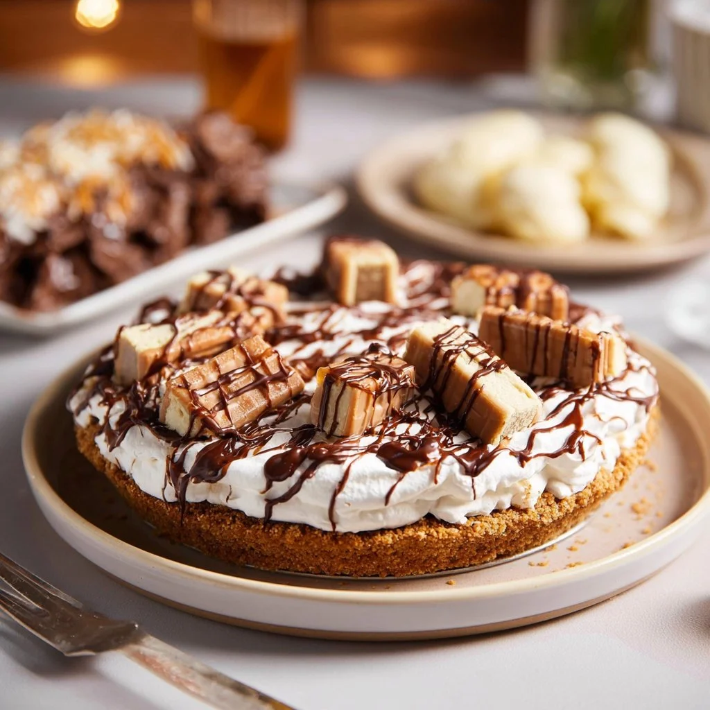 Delicious homemade Snickers Pie topped with chocolate and caramel.