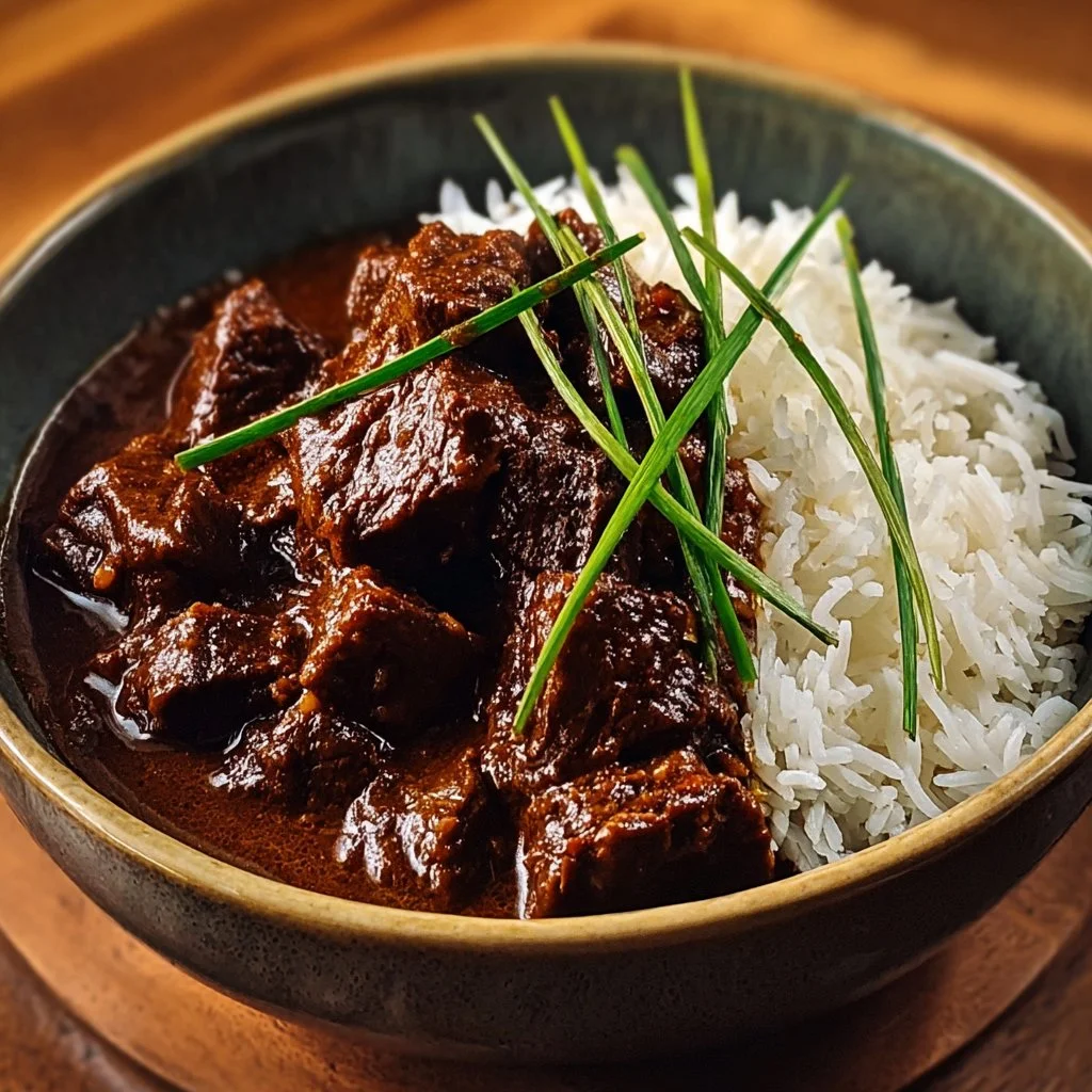 Plate of spicy beef rendang garnished with herbs and served with rice.