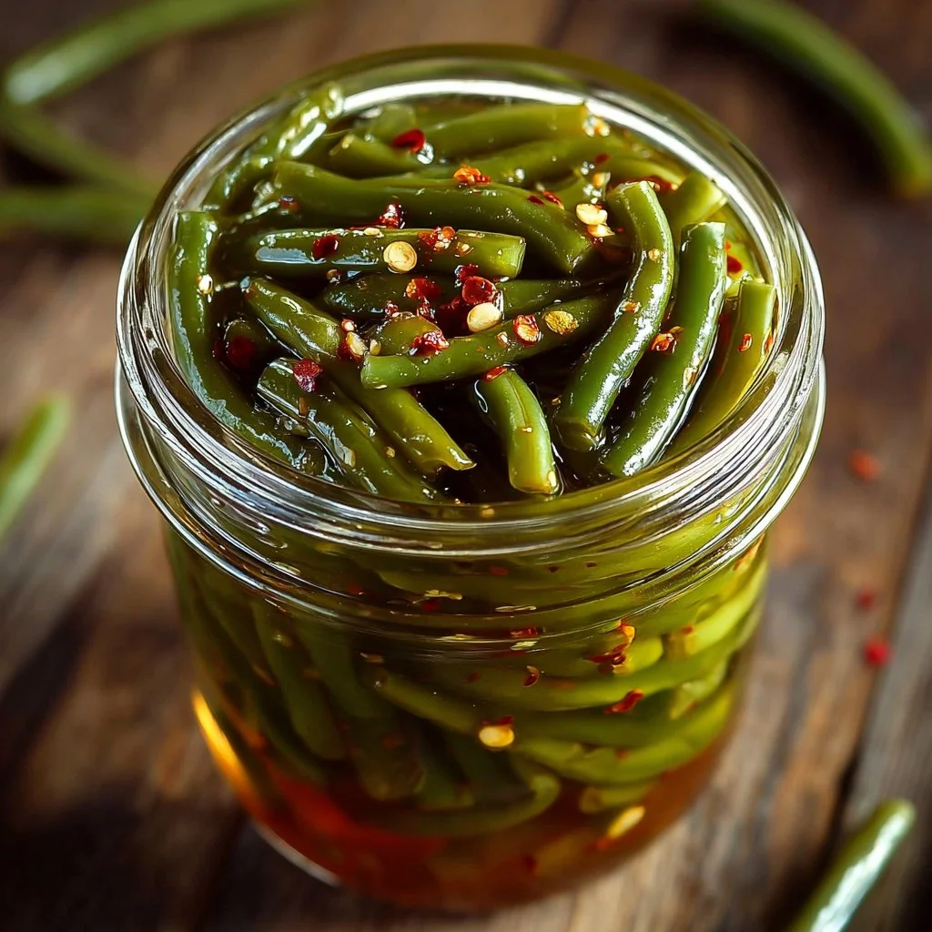 Homemade spicy dilly beans in a jar with fresh spices on a wooden table.