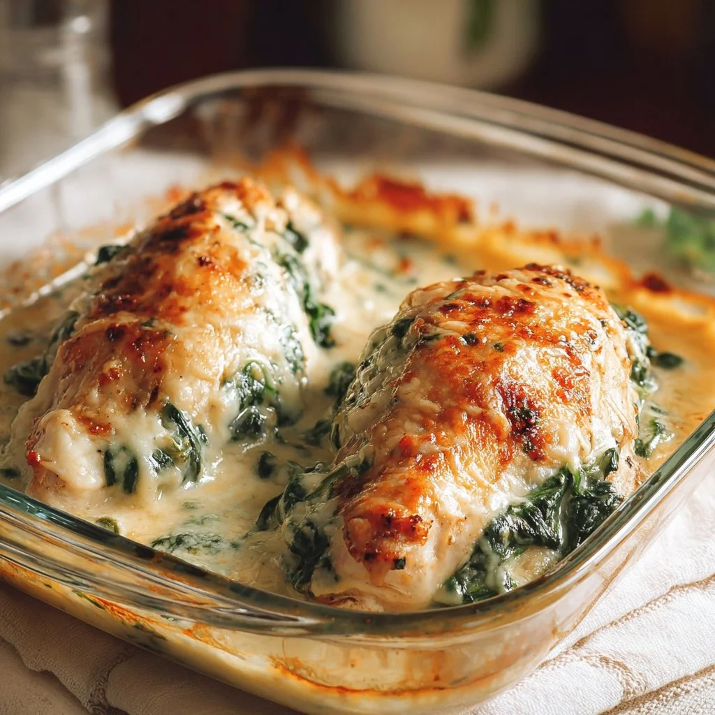 Delicious spinach cream cheese stuffed chicken cooked to perfection