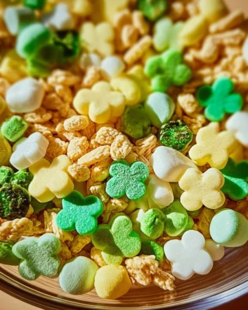 Colorful St. Patrick's Day snack mix with green treats and festive decorations
