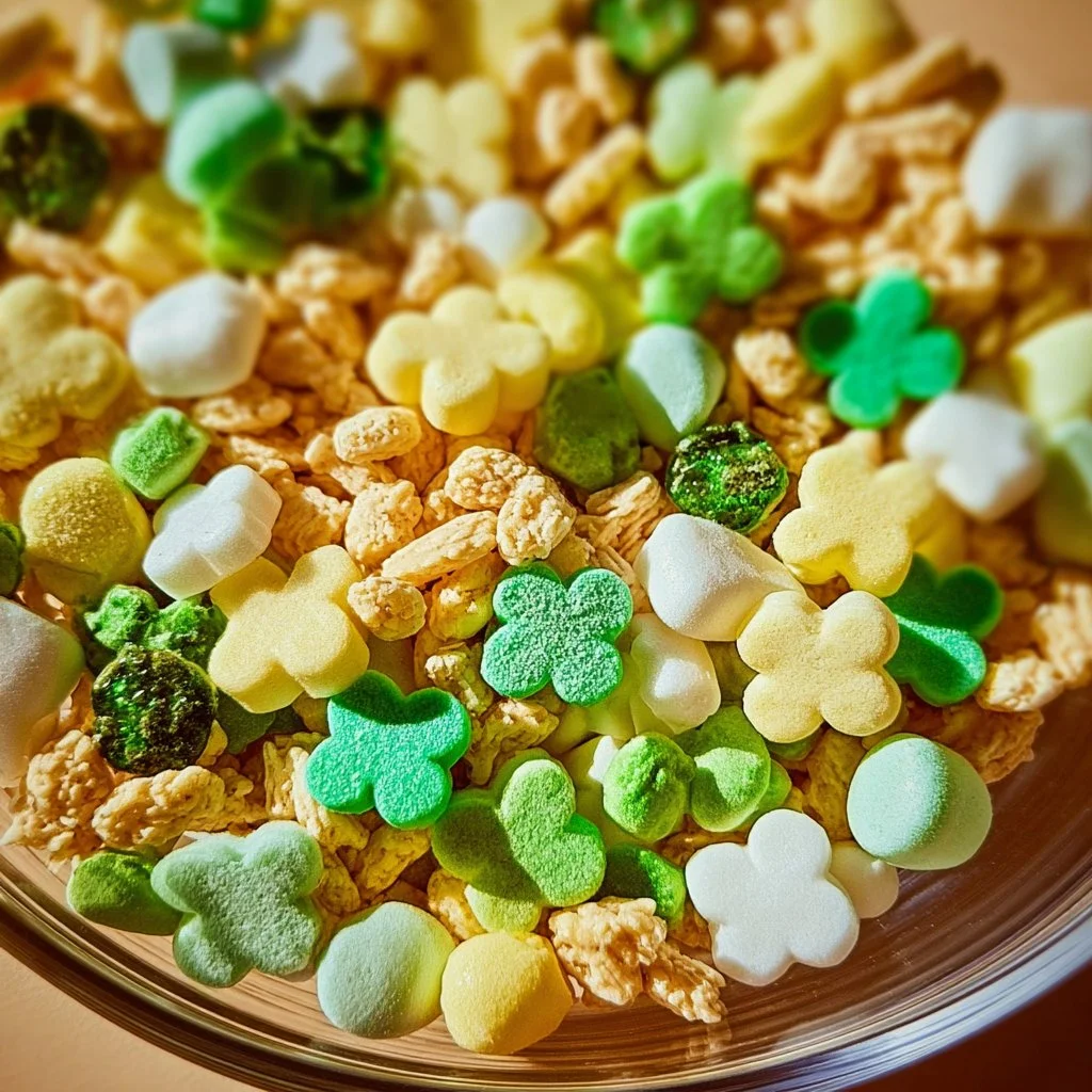 Colorful St. Patrick's Day snack mix with green treats and festive decorations
