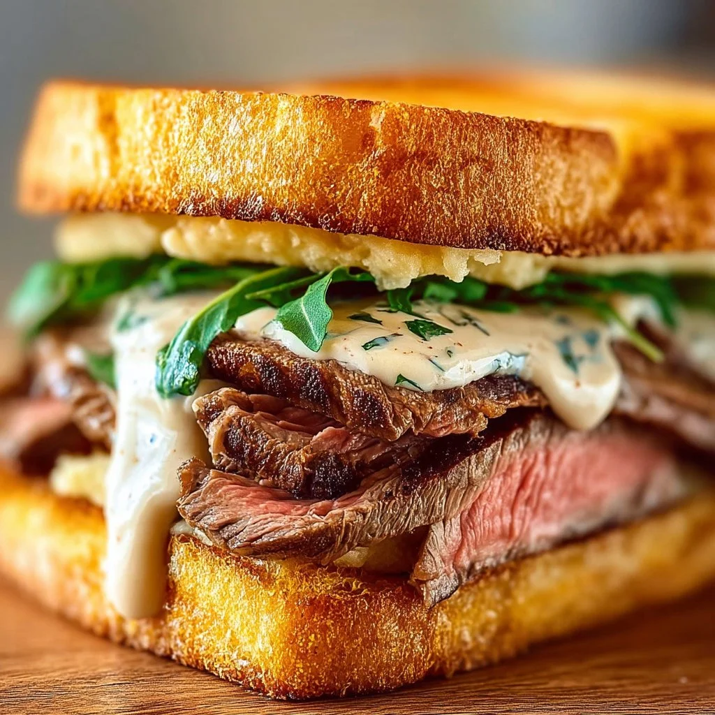 Juicy steak sandwich with horseradish sauce layered on fresh bread
