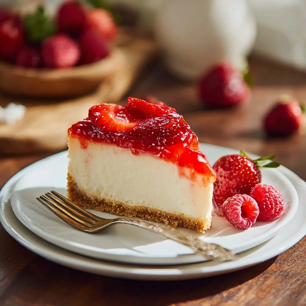 Delicious slice of strawberry cheesecake topped with fresh strawberries and cream.