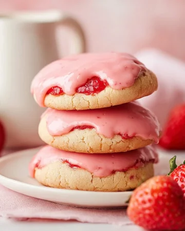 Fresh strawberry cookies on a cooling rack, showcasing their pink hue and chewy texture.