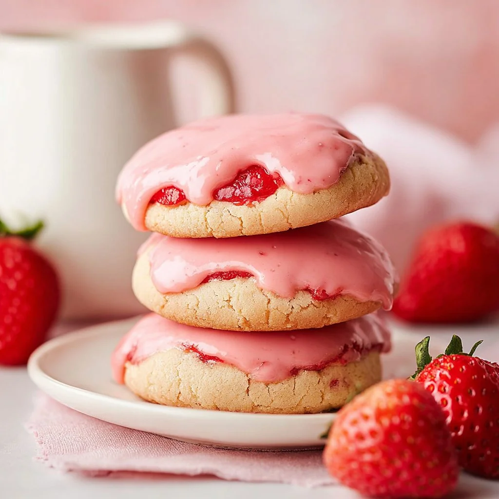 Fresh strawberry cookies on a cooling rack, showcasing their pink hue and chewy texture.