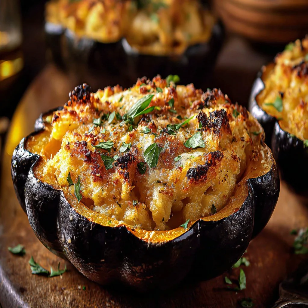 Stuffed baked acorn squash filled with savory ingredients on a plate.