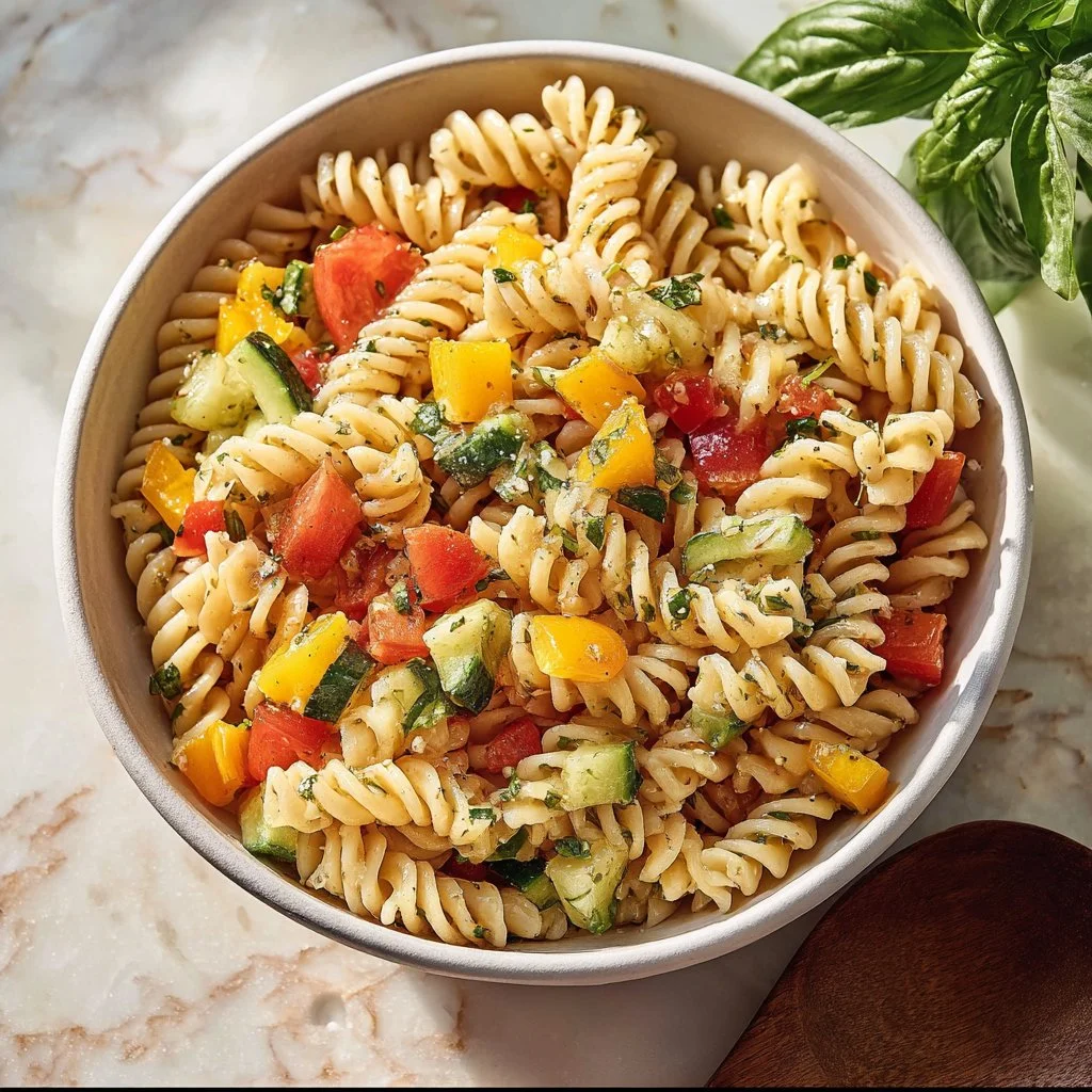 Vibrant Summer Pasta Salad with fresh vegetables and dressing
