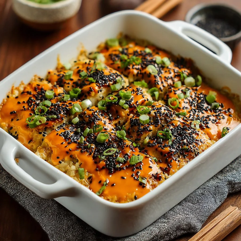 Delicious Sushi Bake Casserole ready to serve, featuring layers of seafood and rice.