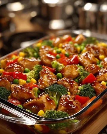 Delicious Teriyaki Chicken stir fry casserole topped with colorful vegetables