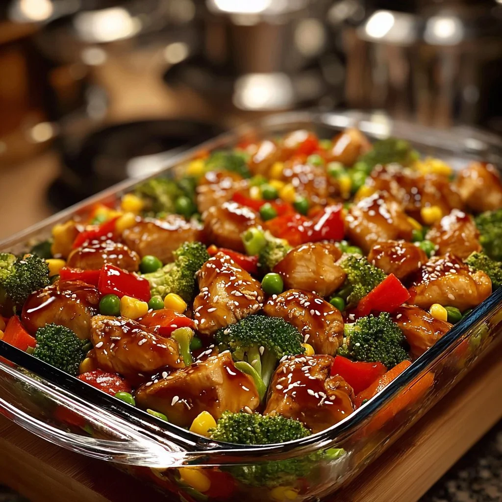 Delicious Teriyaki Chicken stir fry casserole topped with colorful vegetables