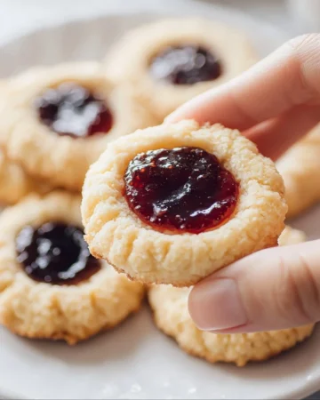 Delicious thumbprint cookies filled with raspberry jam on a plate