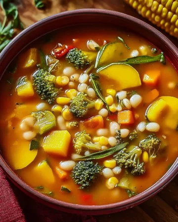 Bowl of healthy vegetable barley soup with fresh vegetables and barley grains