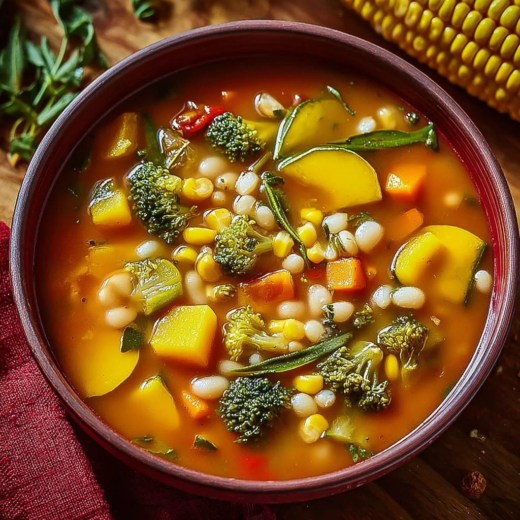 Bowl of healthy vegetable barley soup with fresh vegetables and barley grains