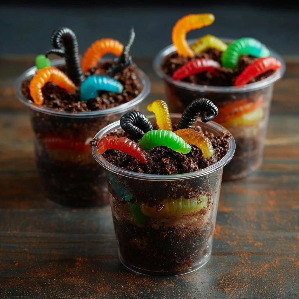Worms in dirt dessert with gummy worms and chocolate crumble