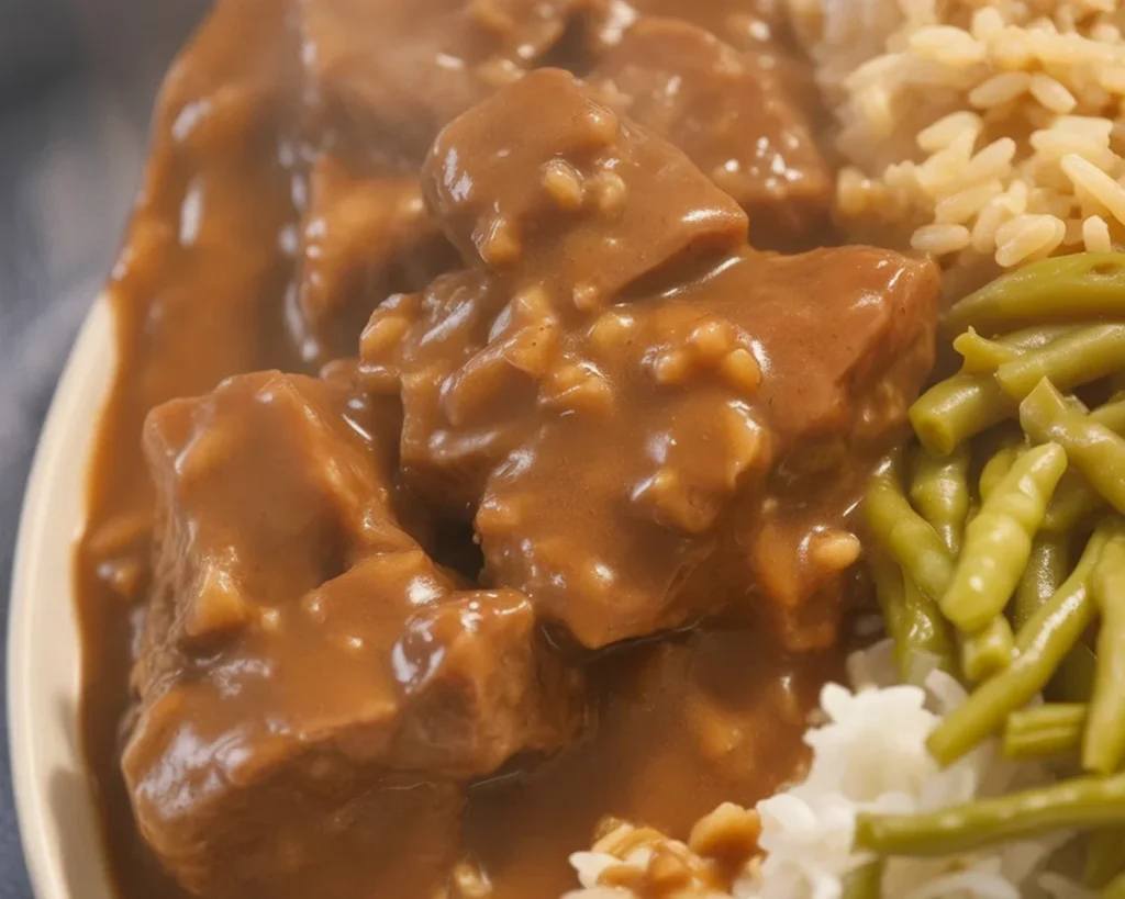 Slow-cooked Crock Pot Cube Steak served with rich gravy and onions.