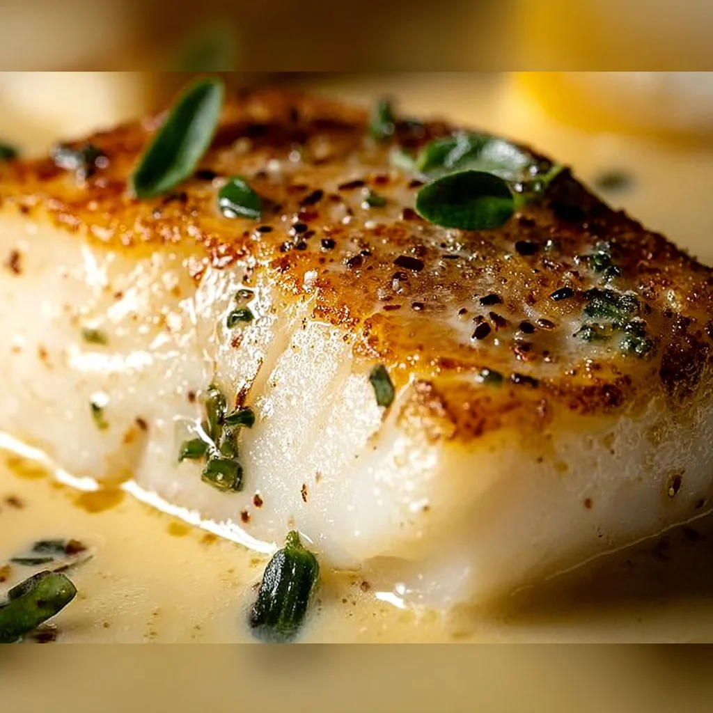 Baked cod fillets in creamy coconut lemon sauce on a plate