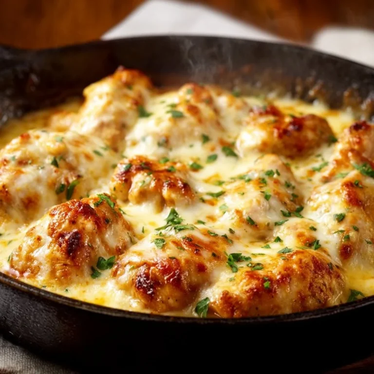 Baked cream cheese chicken dish on a plate, garnished with herbs.