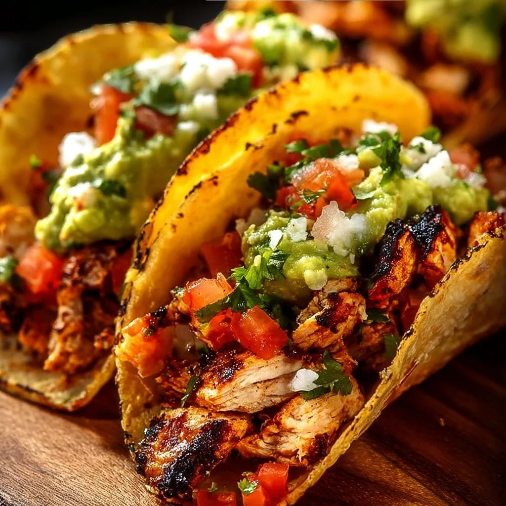 Delicious Chicken Street Tacos served with fresh toppings and garnishes.
