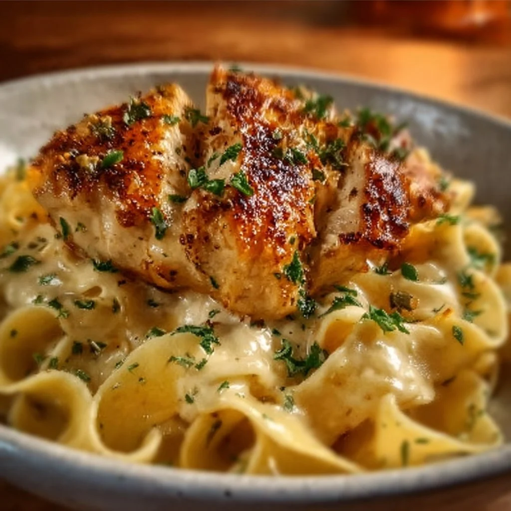 Plate of Chicken with Buttered Noodles garnished with herbs