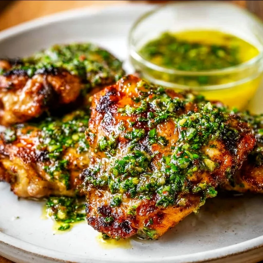Grilled Chimichurri Chicken Thighs garnished with fresh herbs