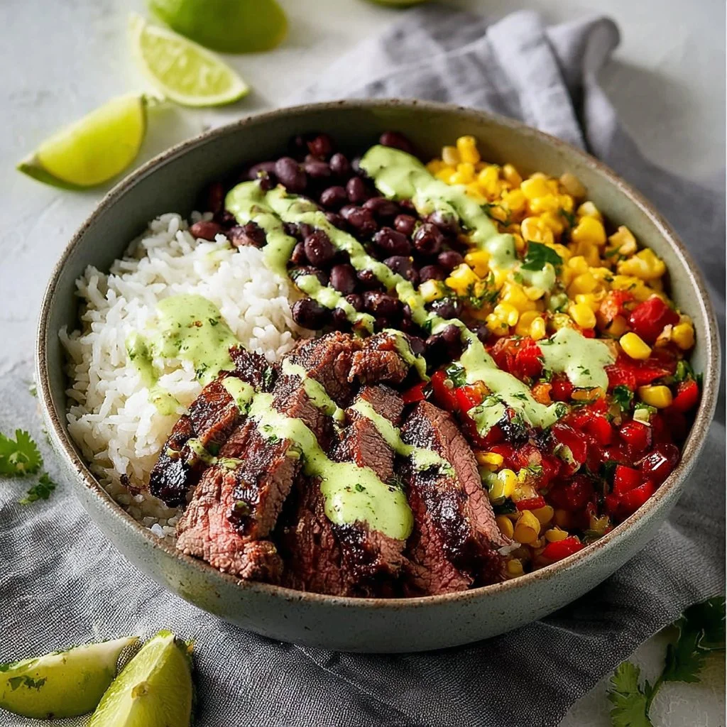 Cilantro lime steak bowls with fresh ingredients in a colorful dish
