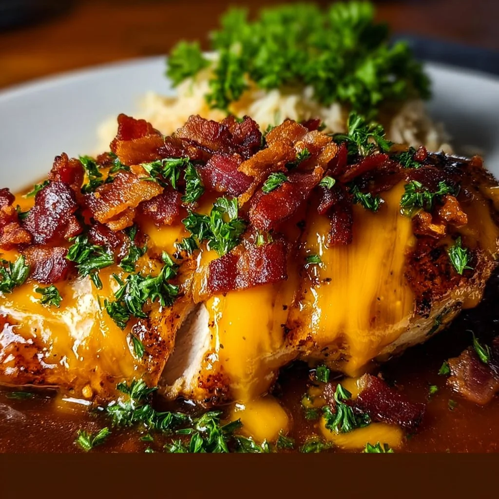 Delicious Cowboy BBQ Bacon Cheddar Chicken garnished with fresh herbs