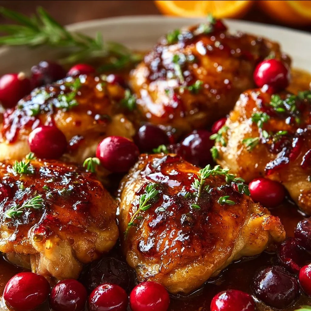 Cranberry Orange Chicken garnished with fresh herbs on a plate