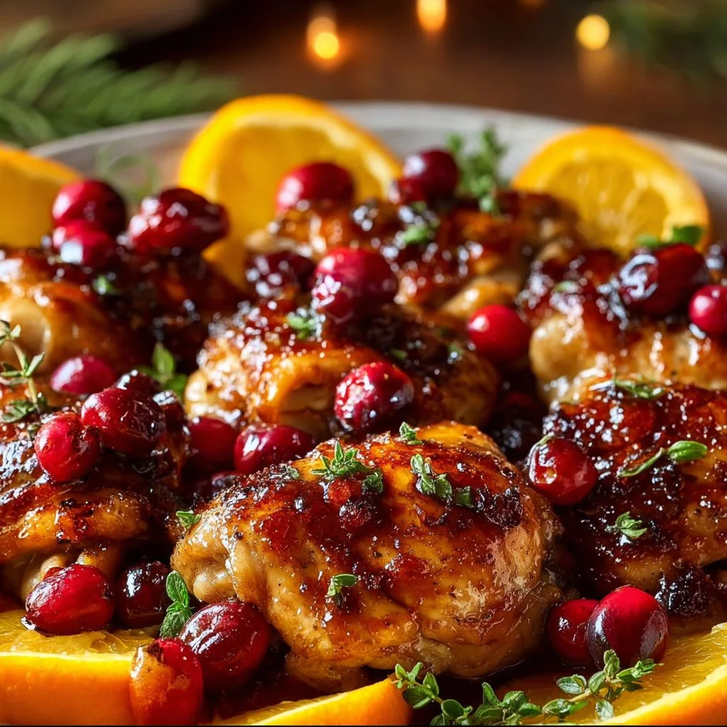 Cranberry Orange Chicken plated with fresh herbs and cranberries
