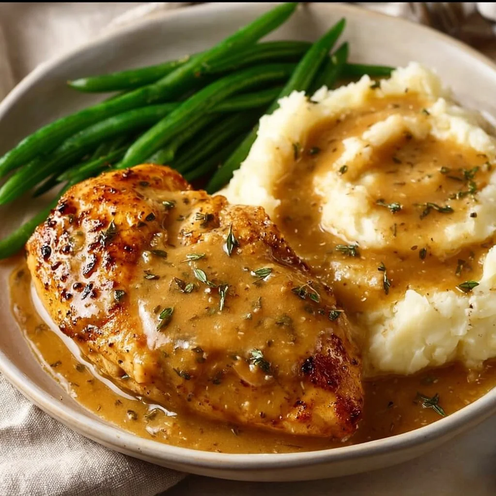 Bowl of creamy garlic chicken served with herbs and vegetables