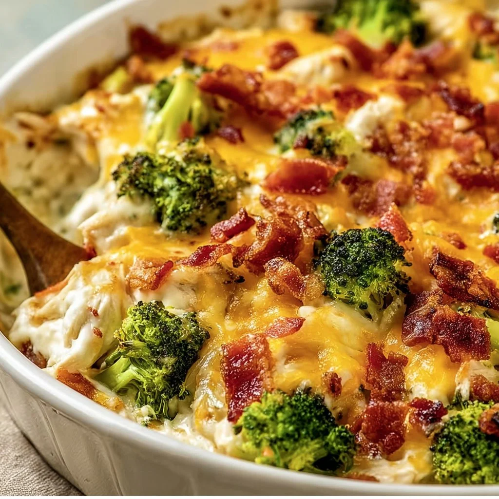 Creamy low carb chicken casserole dish garnished with herbs on a white plate.