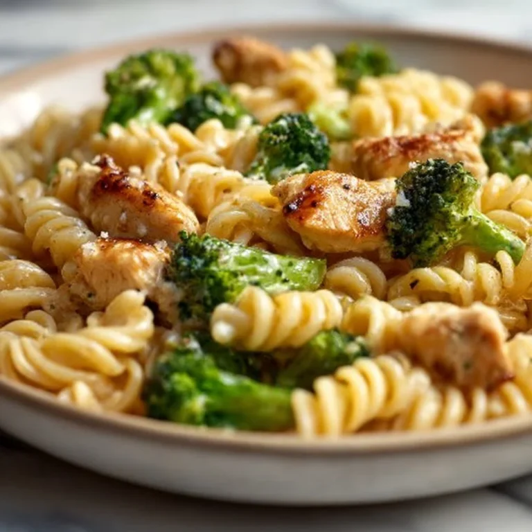 Creamy rotisserie chicken with broccoli tossed in pasta