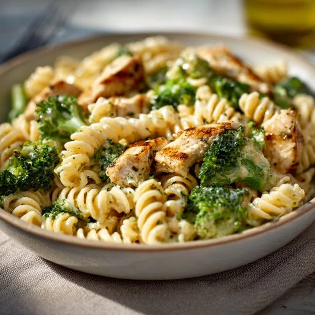 Creamy rotisserie chicken pasta with broccoli in a delicious dish