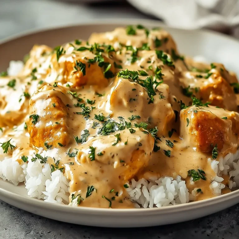Creamy smothered chicken served over rice in a bowl