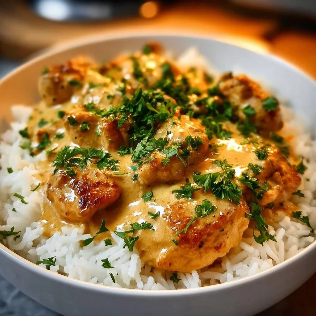 Creamy smothered chicken served over rice, garnished with herbs.