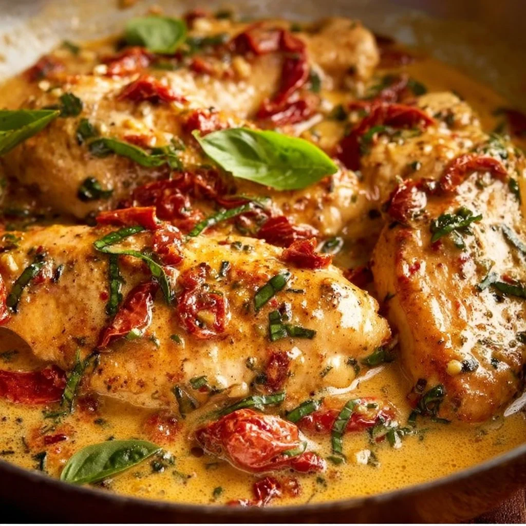 Creamy sun-dried tomato chicken served on a plate garnished with herbs.