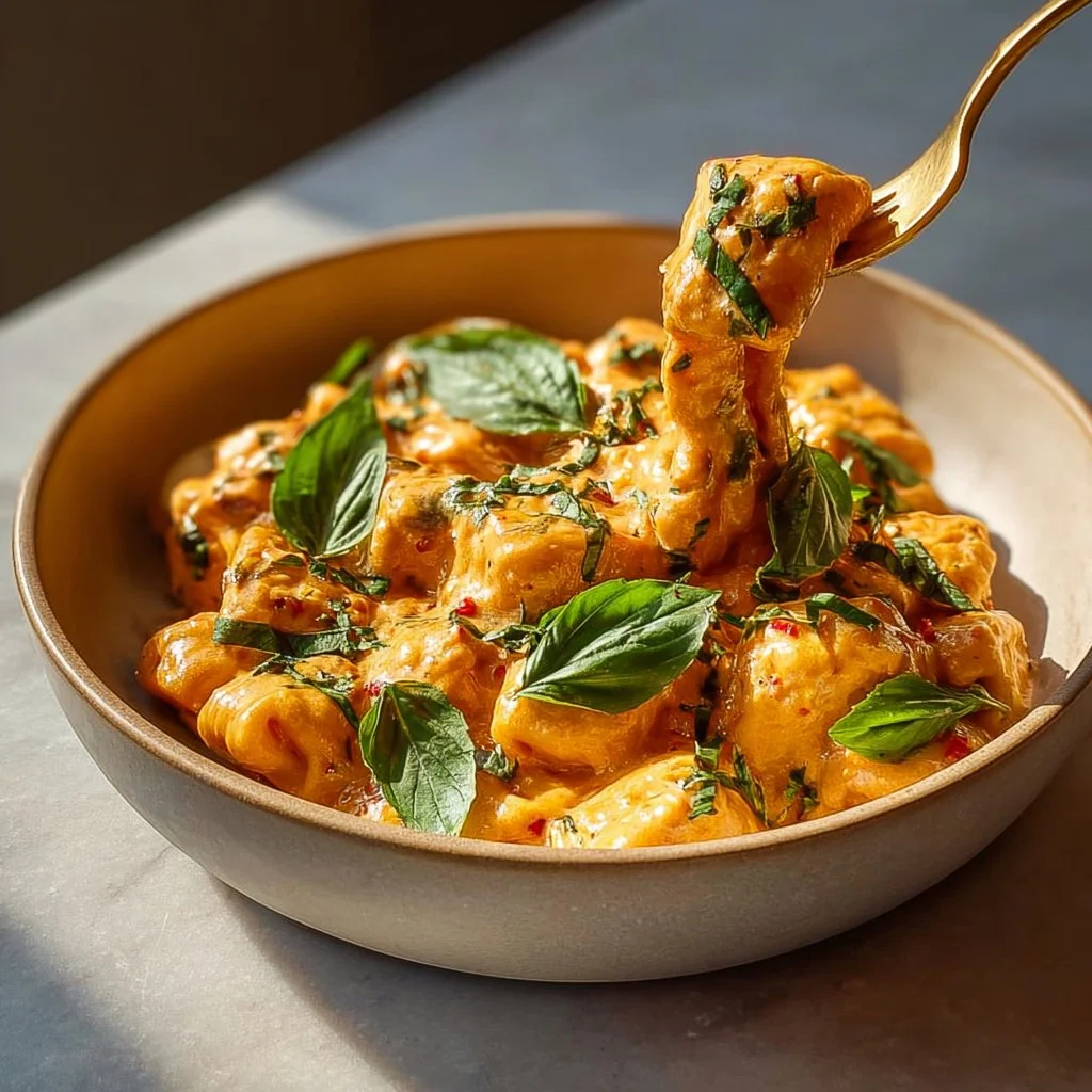 Delicious creamy tomato garlic pasta served in a bowl with fresh herbs.