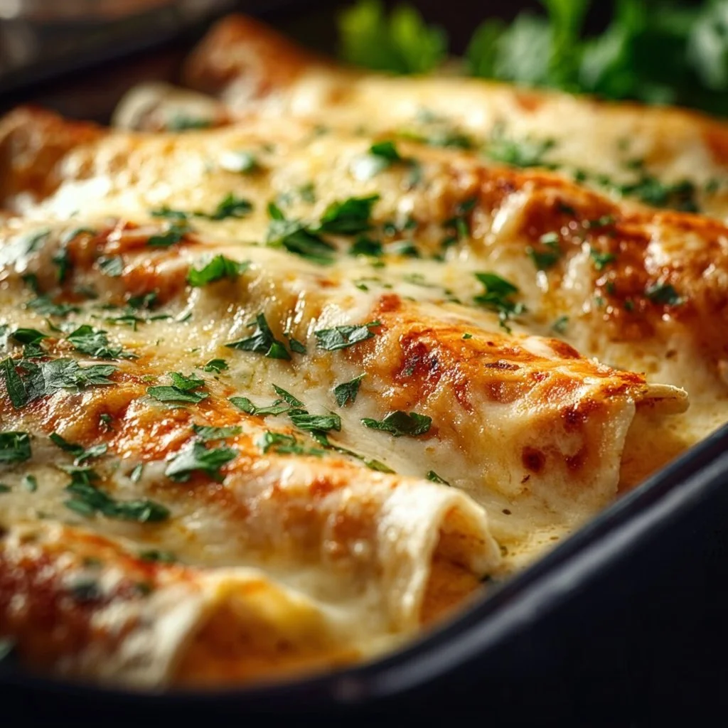 Creamy white chicken enchiladas topped with cheese and cilantro