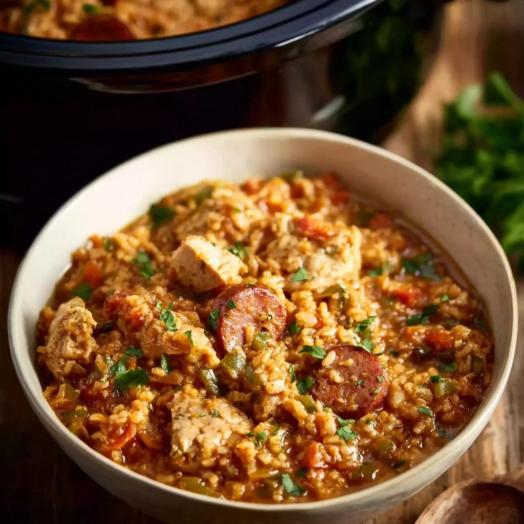 Crock Pot Jambalaya dish served in a bowl with fresh herbs