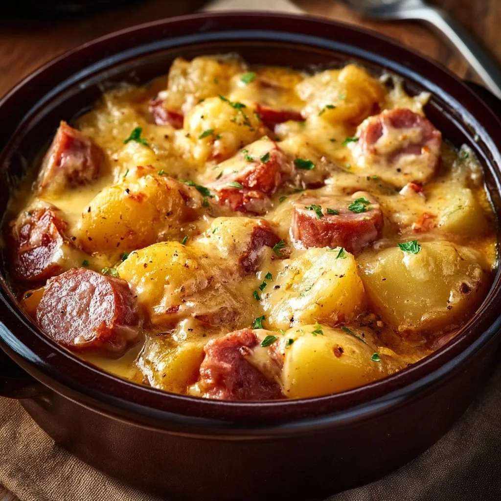 Crockpot Cheesy Potatoes and Kielbasa dish served in a bowl
