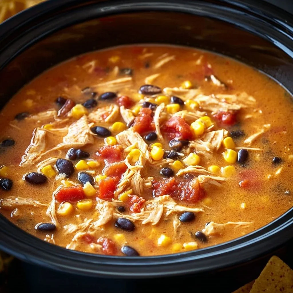 A bowl of Crockpot Chicken Tortilla Soup garnished with tortilla strips and cilantro
