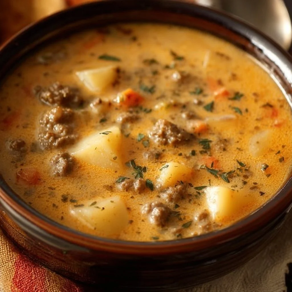 Crockpot Creamy Potato and Hamburger Soup in a bowl, topped with parsley