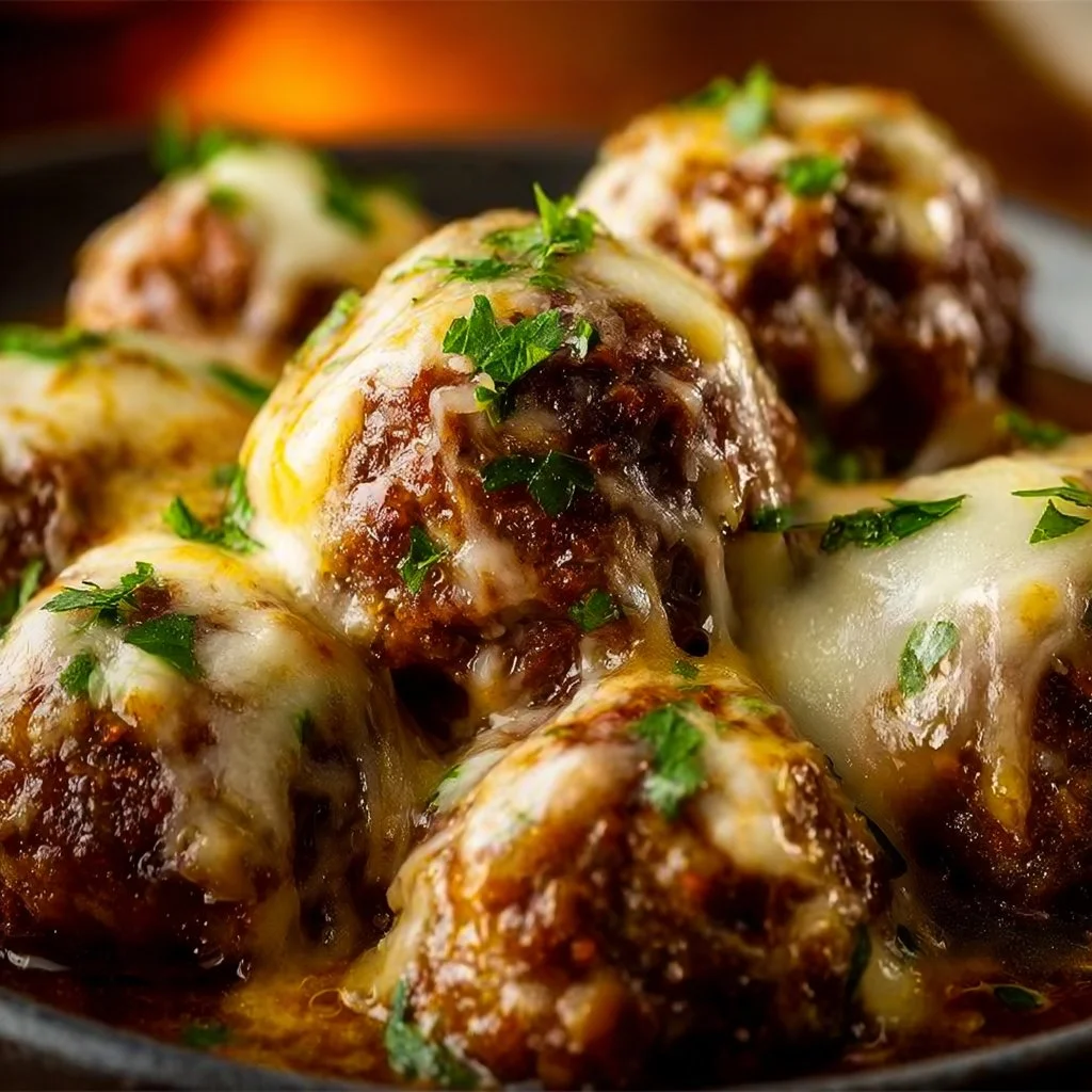 Crockpot French Onion Meatballs in a savory sauce