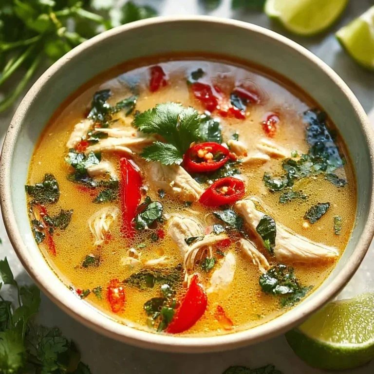 Bowl of Crockpot Thai Coconut Chicken Soup garnished with fresh herbs.