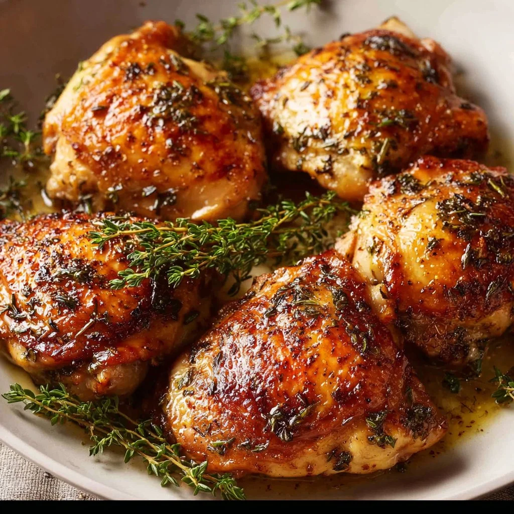 Juicy easy baked boneless skinless chicken thighs served on a plate