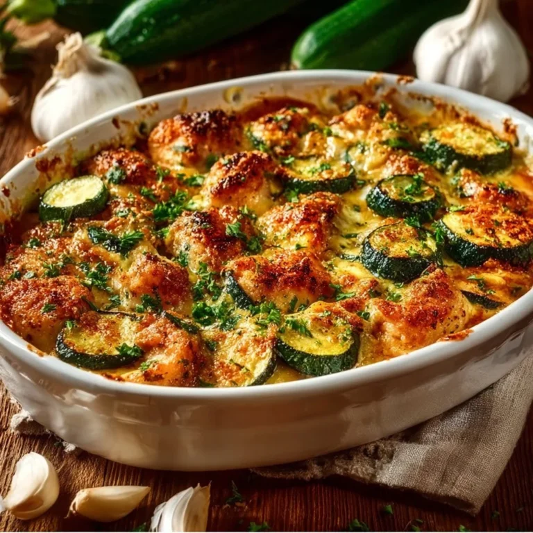 Easy chicken zucchini bake with melted cheese and fresh vegetables