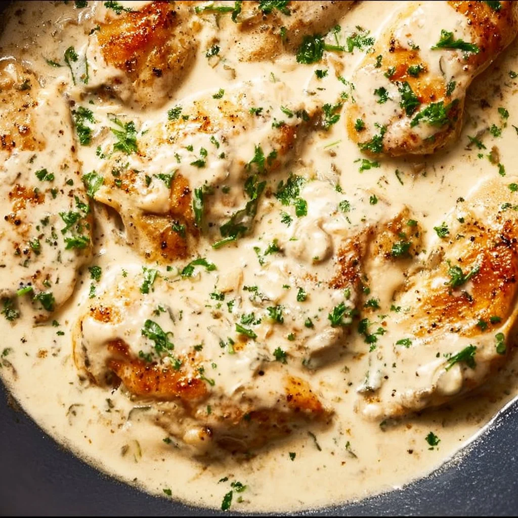 Cream cheese chicken served on a plate with herbs and spices.