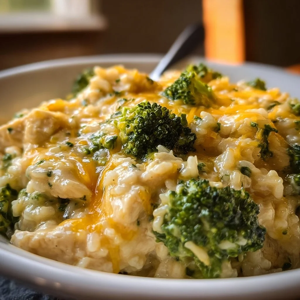 Easy crockpot cheesy chicken broccoli rice recipe with creamy cheese and tender chicken.