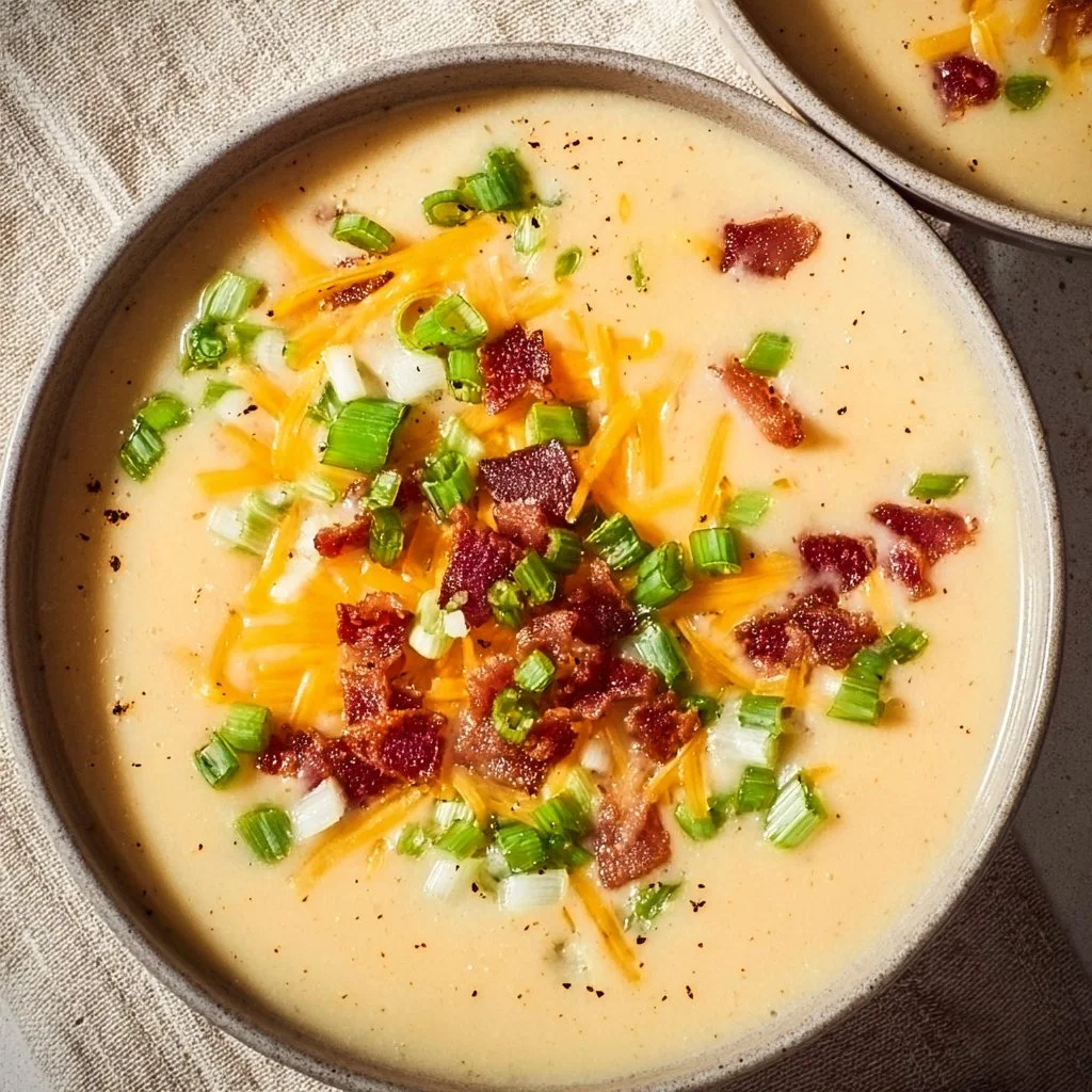 Bowl of creamy EASY Crockpot Potato Soup topped with green onions and bacon